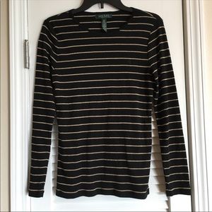 Lauren Ralph Lauren Black Gold Striped Top SZ MP